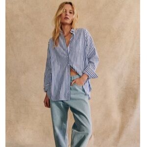 Sezane Womens Shirt Button Down Max Long Sleeves Oversized Striped Blue